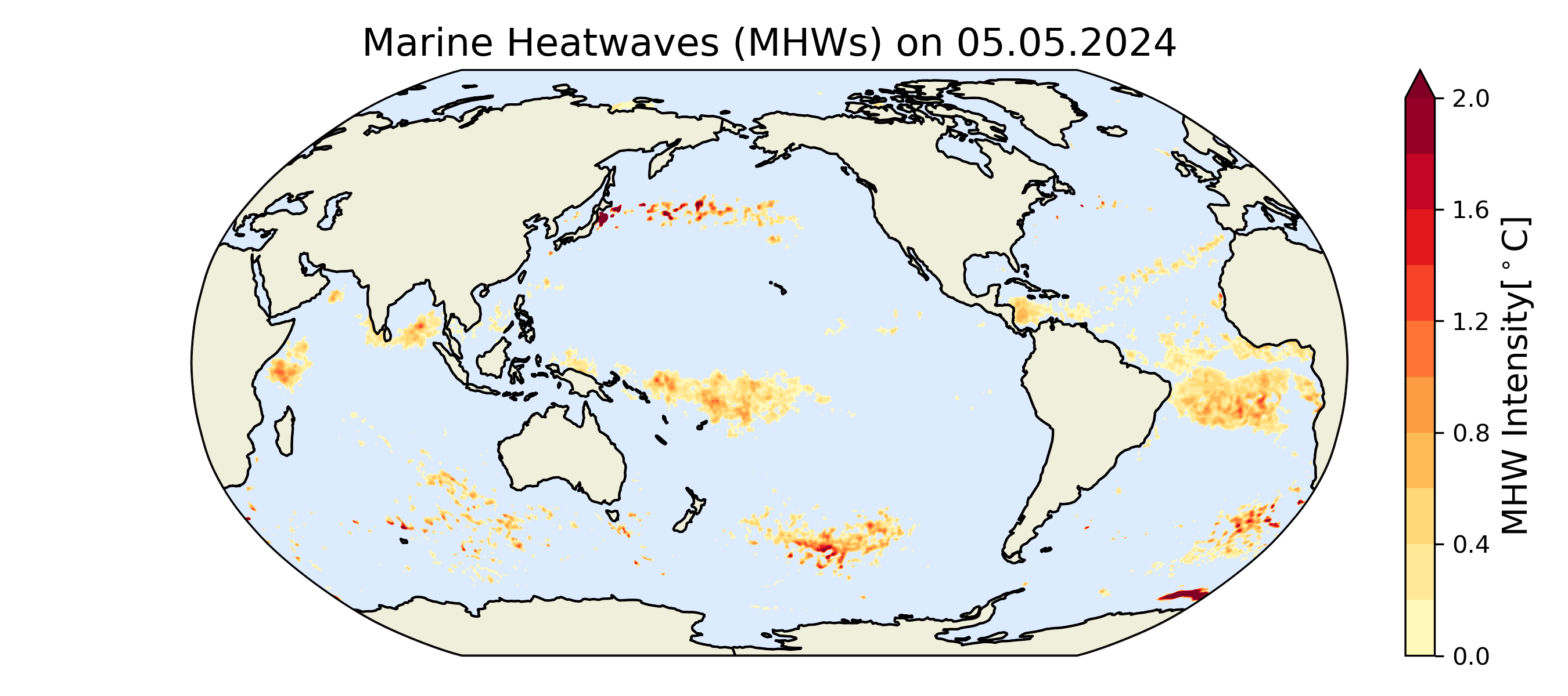 Location of the most recent marine heatwaves on a map of the globe